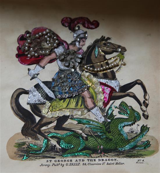 Album of Georgian handcoloured cut paper pictures and collection of applique work prints